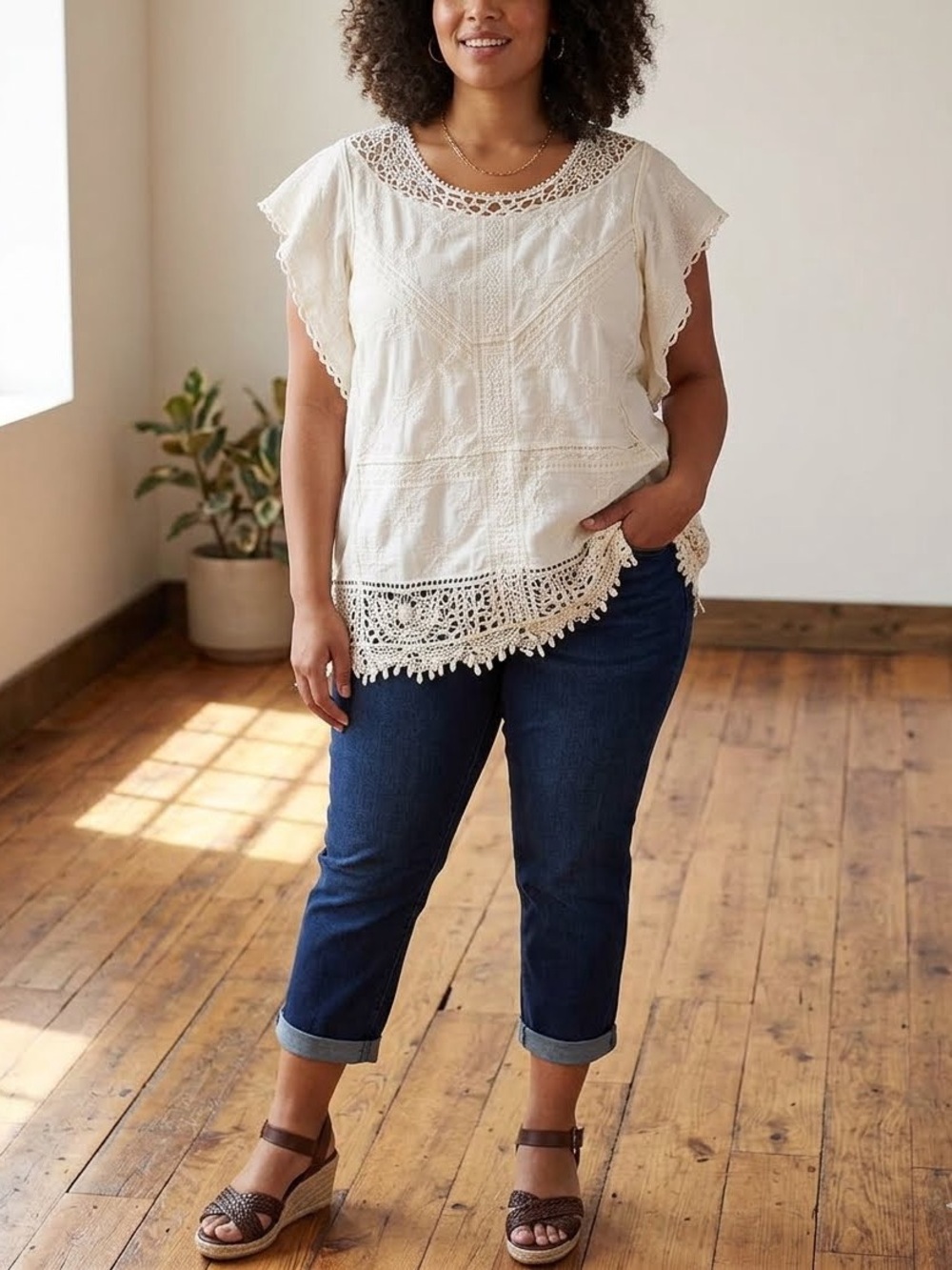 Lane Bryant Crochet Bohemian Cap Sleeve Blouse Cream Size 20